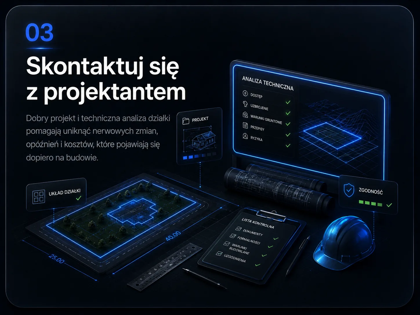 Skontaktuj się z projektantem — analiza techniczna działki, projektu, warunków i formalności przed budową.